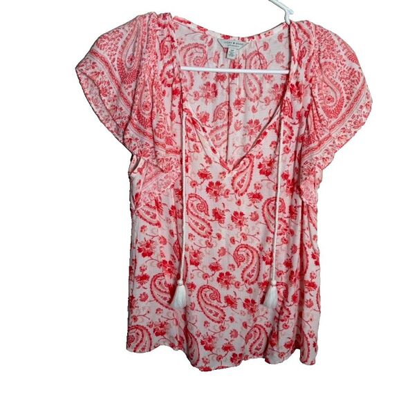 Lucky Brand Blouse Women's Small Pink Paisley V-Neck Ruffle Boho Shirt Top - Picture 1 of 8